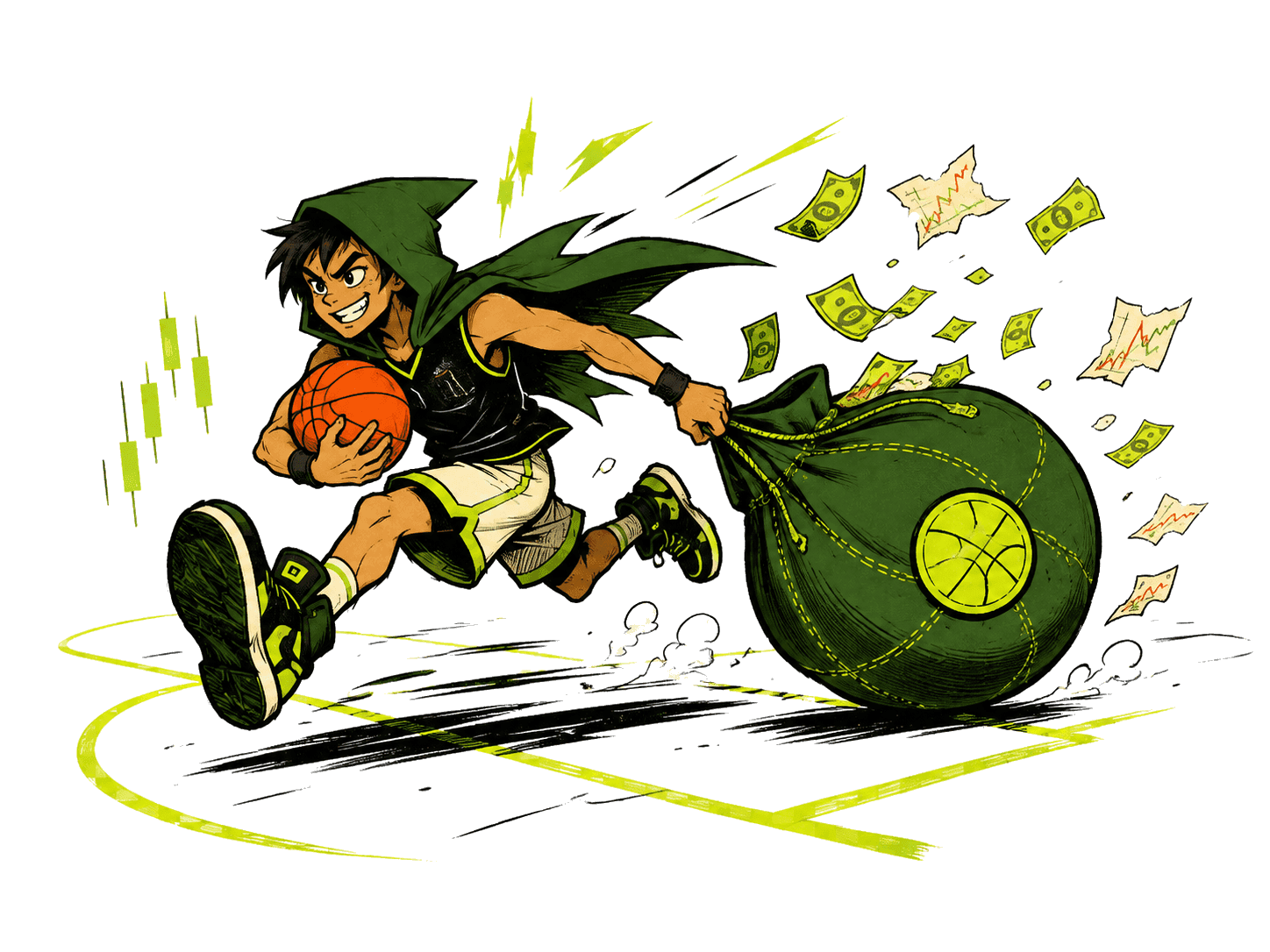 Robinhoop sprinting with a basketball and an oversized basketball-shaped money bag