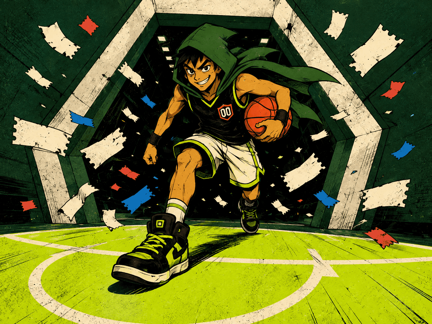 Robinhoop bursting through a tunnel onto a basketball court