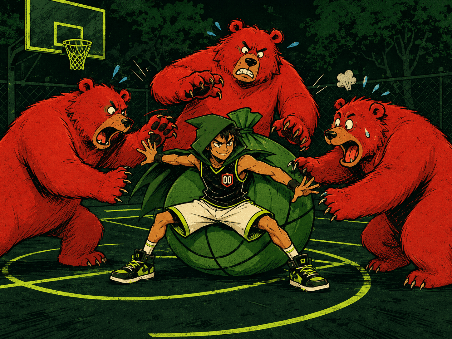 Robinhoop defending a giant basketball money bag from red bears