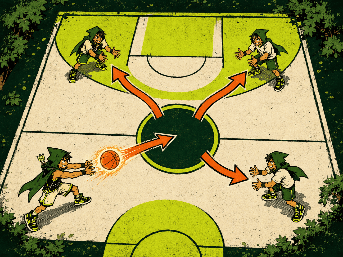 Robinhoop passing a glowing reward ball through a play diagram to holders