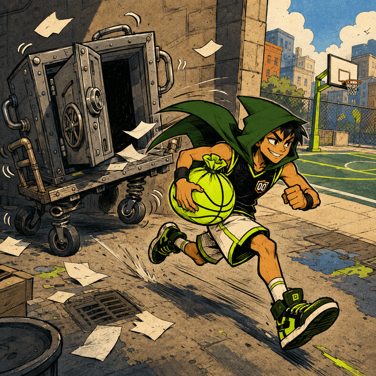 Robinhoop sprinting away with a glowing basketball-shaped money bag