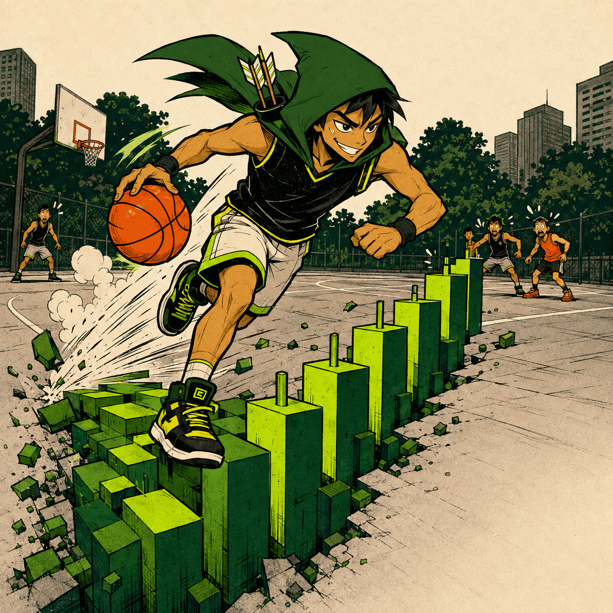 Robinhoop sprinting across a court that becomes a rising candlestick chart