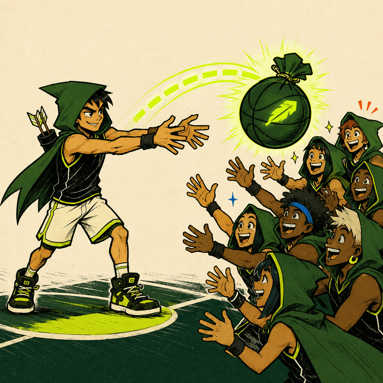 Robinhoop chest-passing a glowing money bag to a crowd of holders