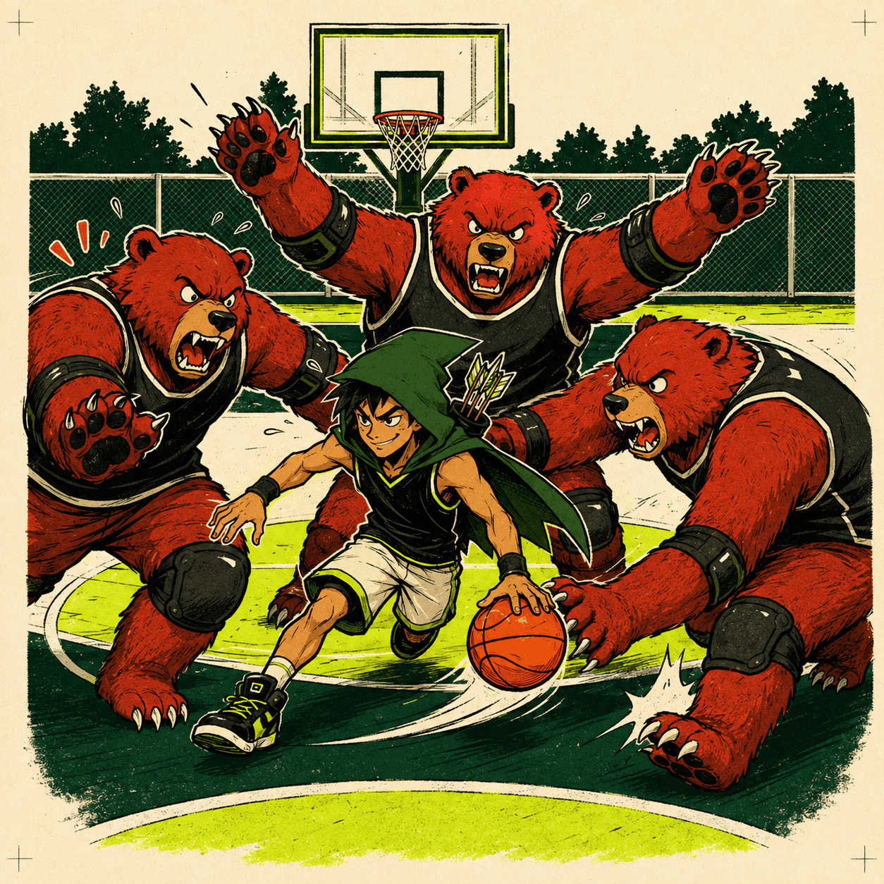 Robinhoop dribbling through three red bear defenders