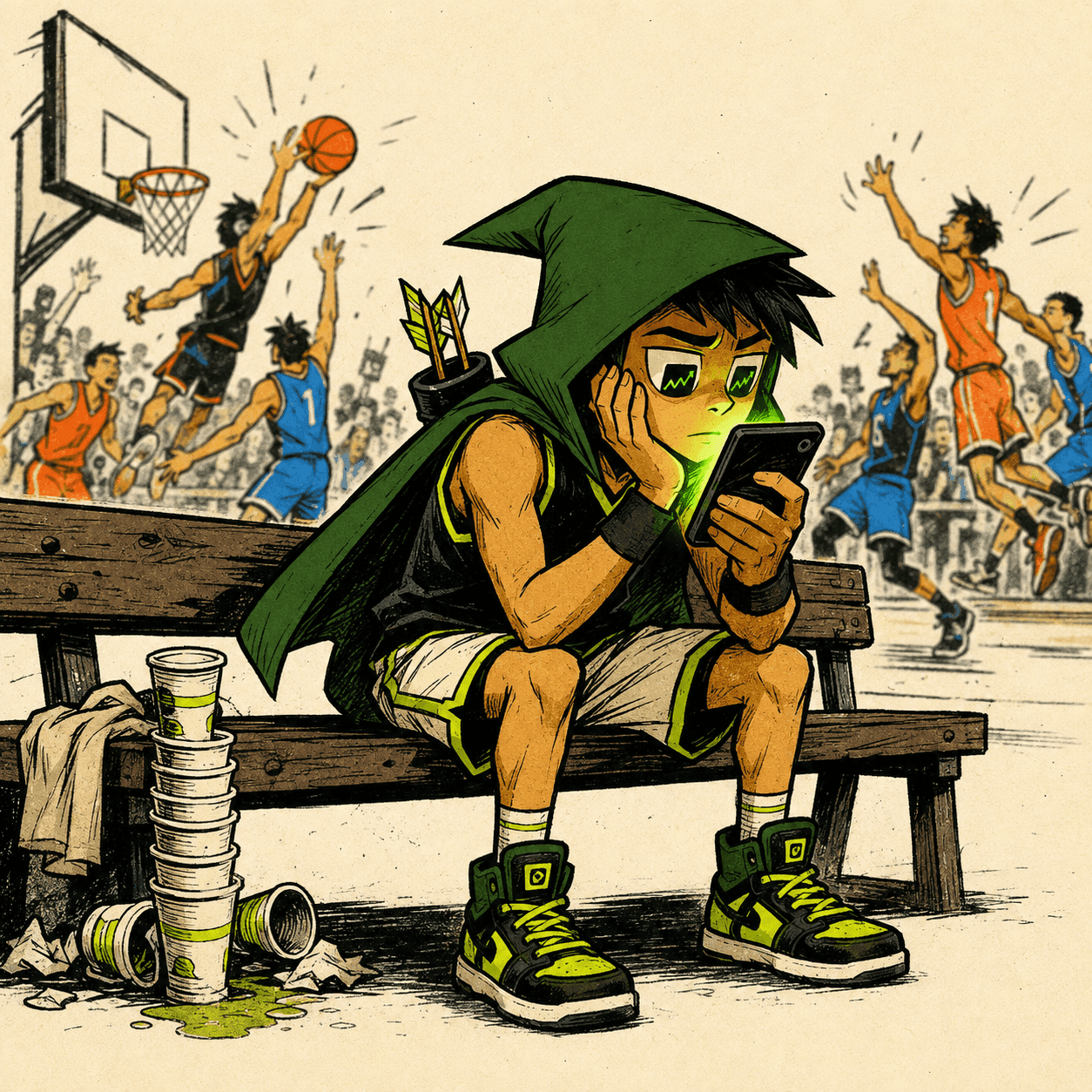 Robinhoop on a bench staring at a phone while a game continues