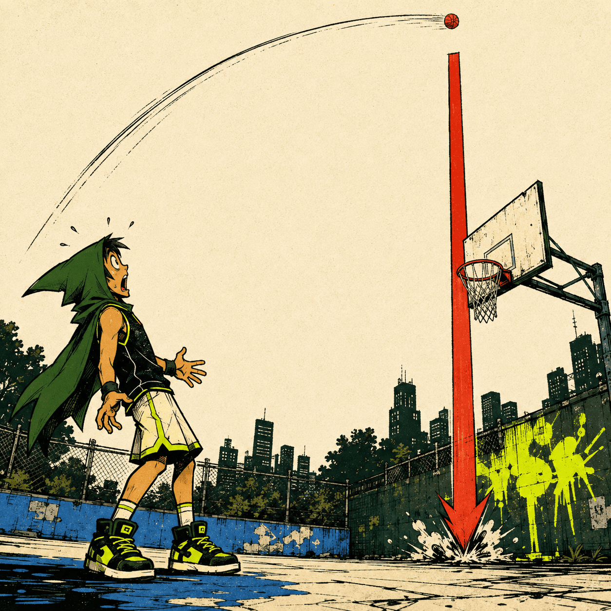 A basketball missing the hoop as a red candlestick falls