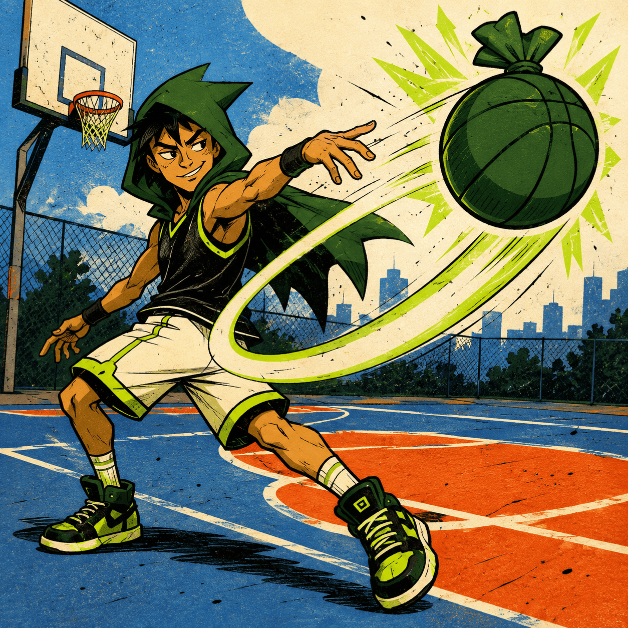 Robinhoop making a no-look pass with a glowing bag