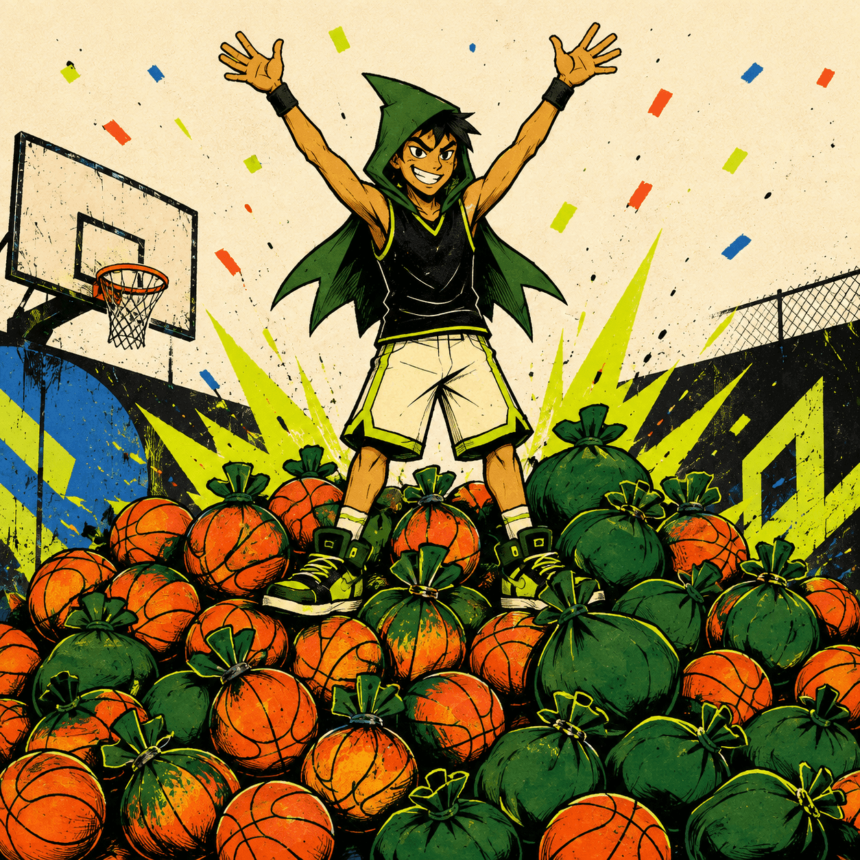 Robinhoop surrounded by basketballs becoming money bags