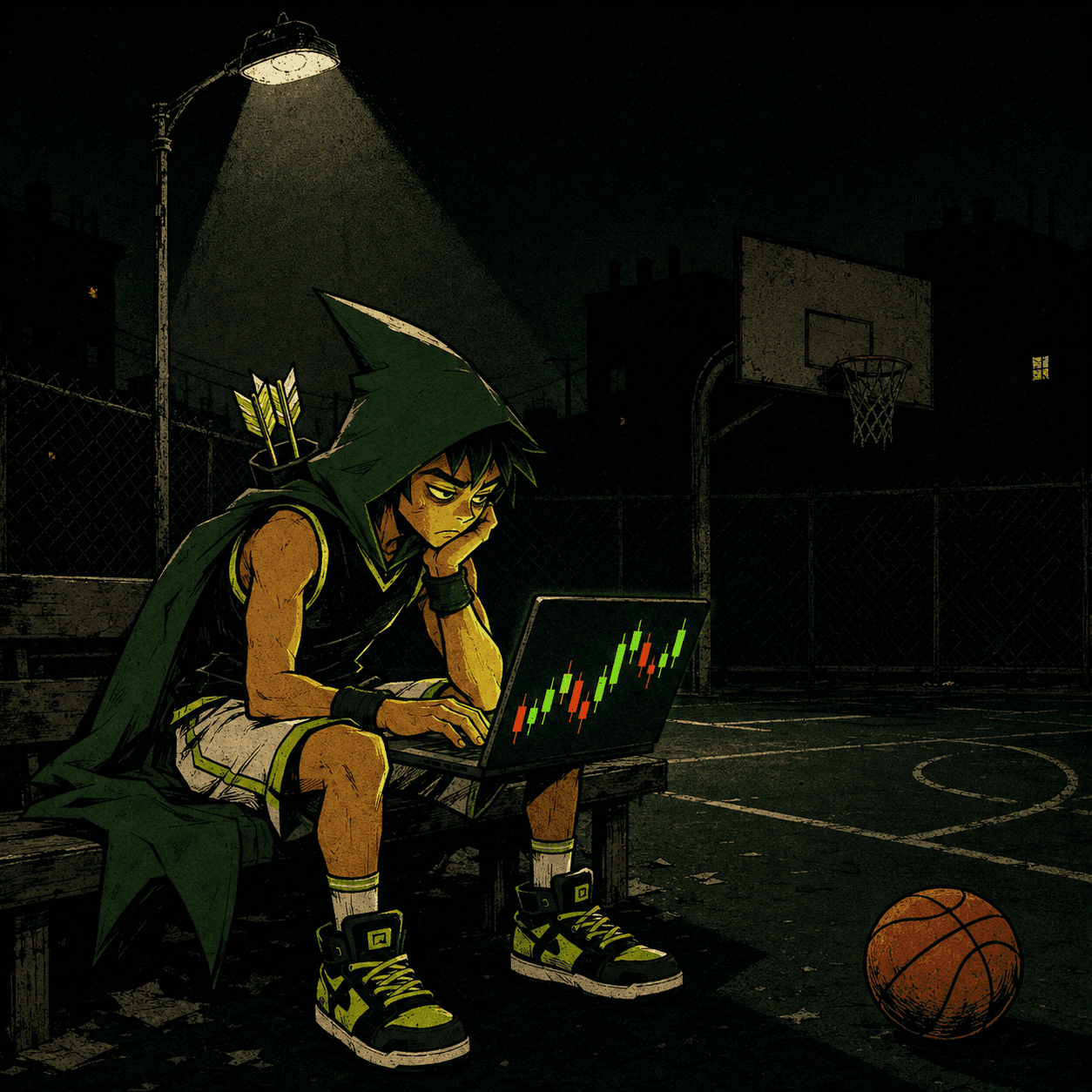 Robinhoop watching charts alone courtside late at night