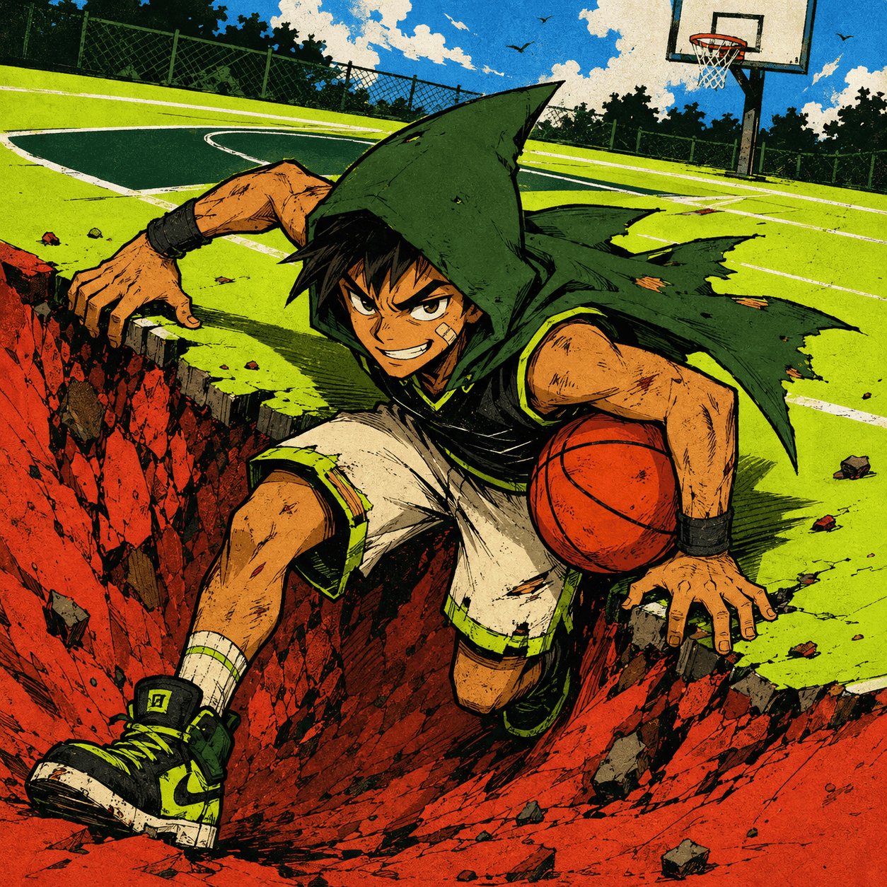 Robinhoop climbing from a red crater onto a green court