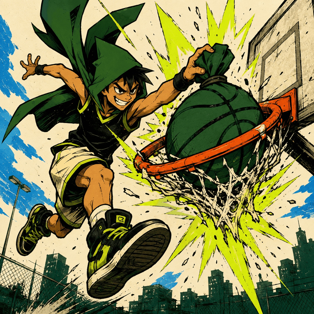Robinhoop dunking a glowing money bag through a hoop
