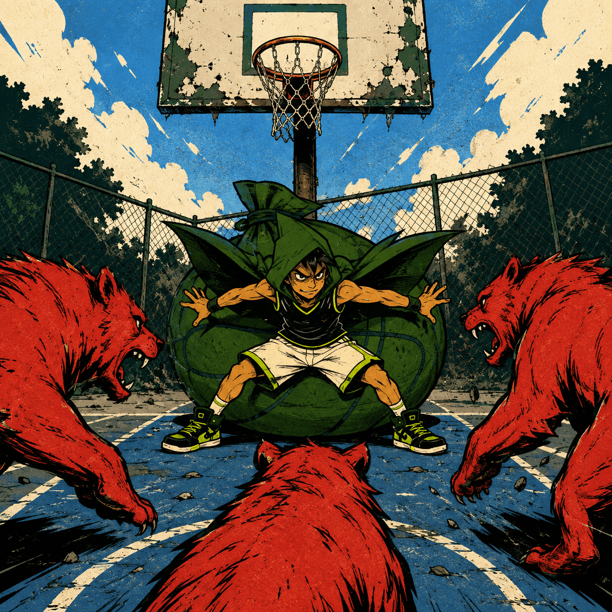 Robinhoop defending a giant money ball from red bears