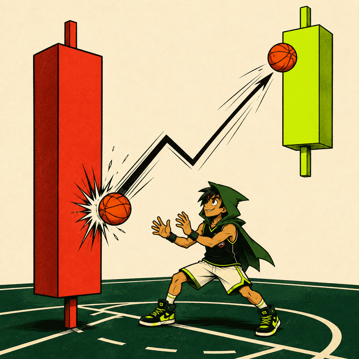 A basketball rebounding from a red candle into a green one