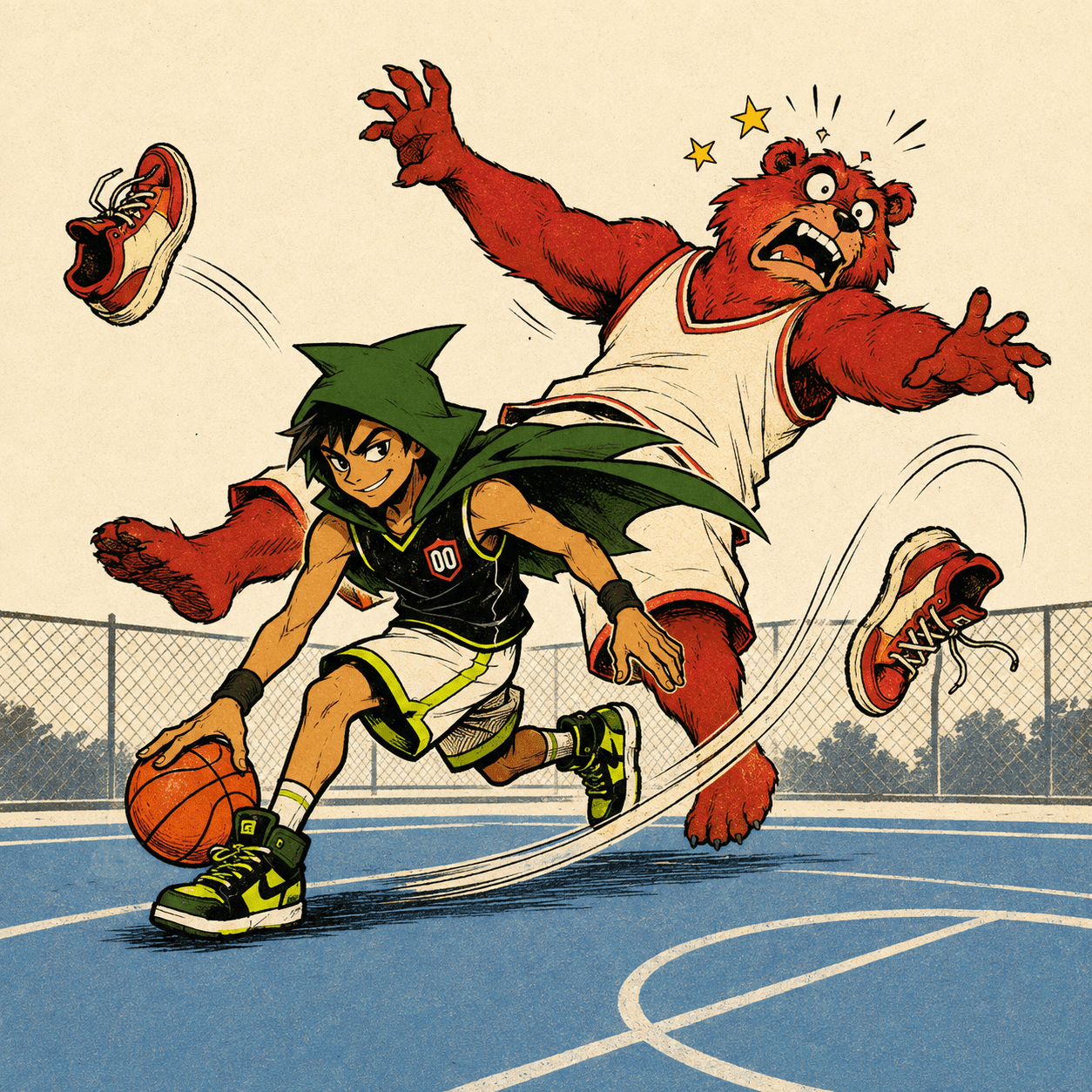 Robinhoop crossing over a bear whose shoes fly off