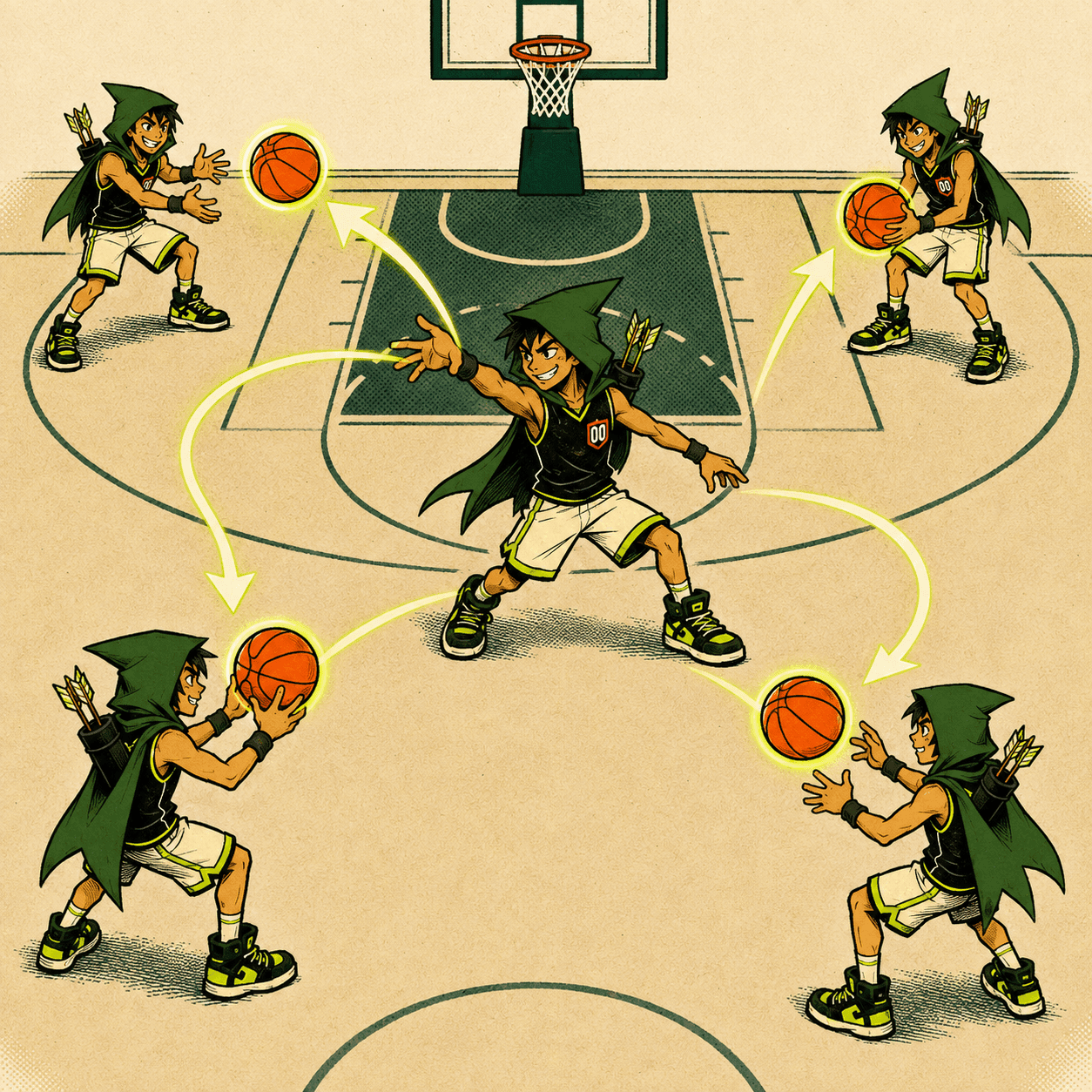 Robinhoop passing glowing reward balls to several holders