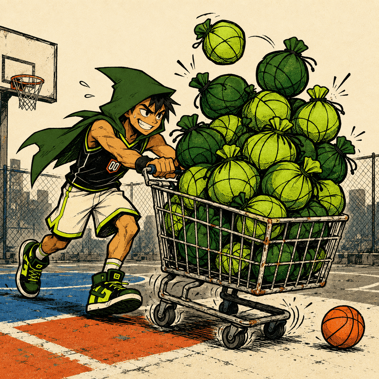 Robinhoop pushing a cart packed with basketball money bags