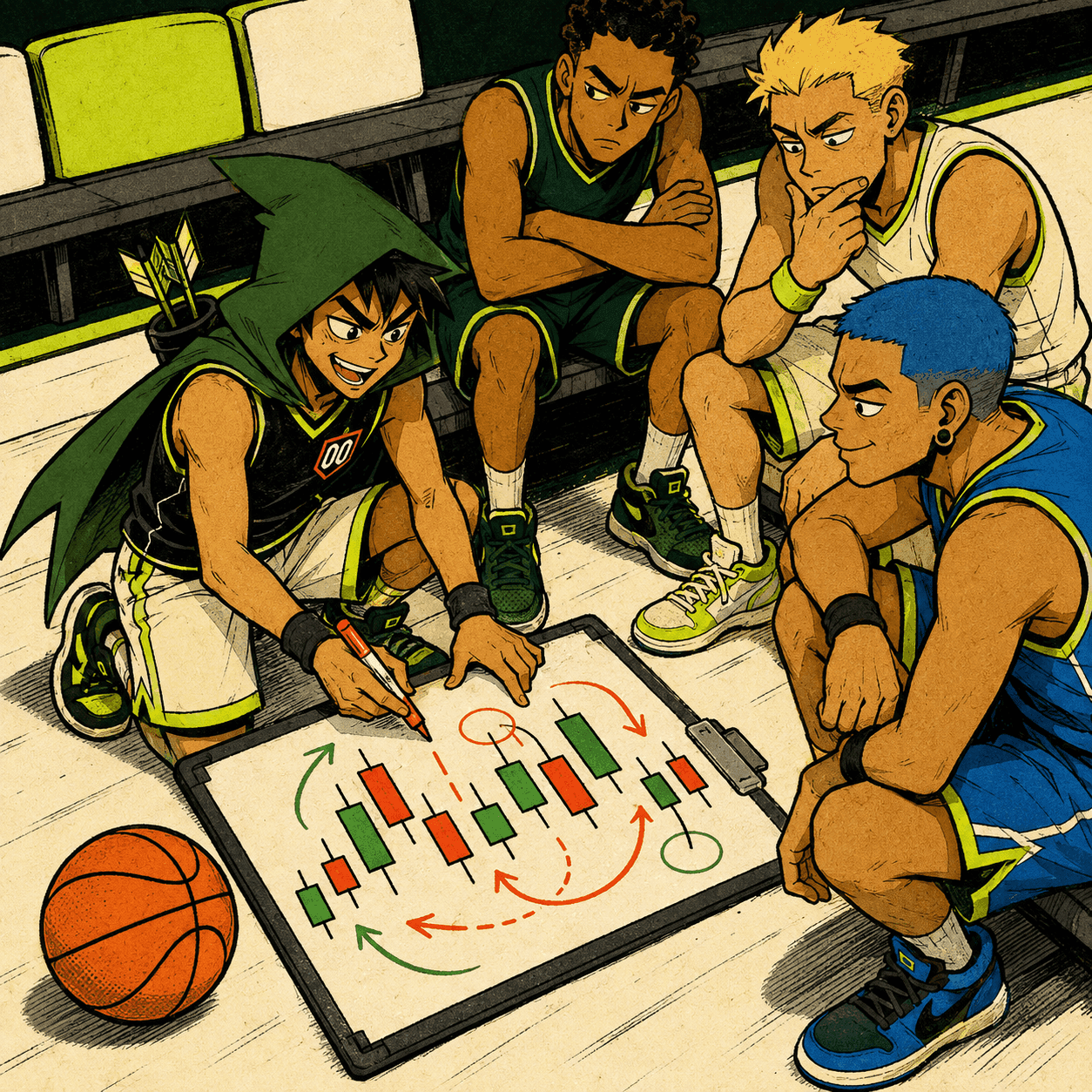 Robinhoop drawing charts on a coach clipboard