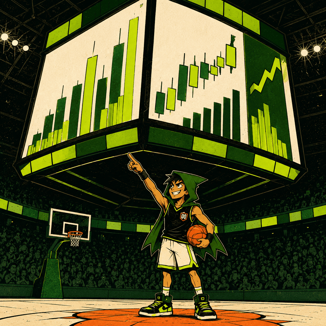 An arena scoreboard filled with giant green candles