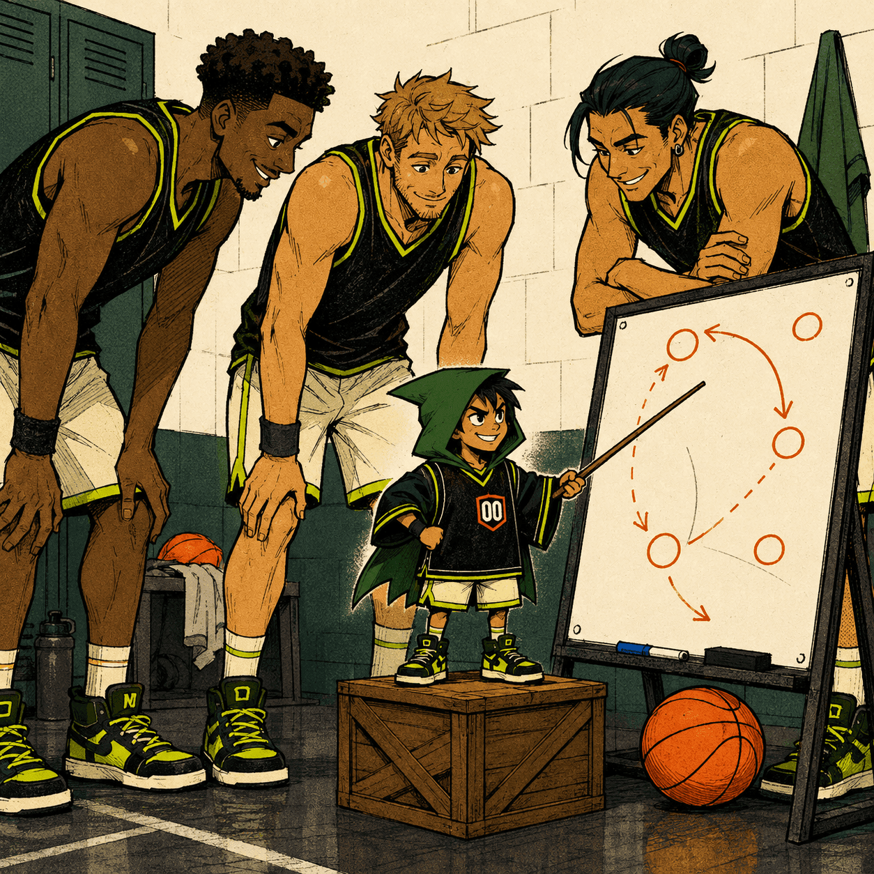 A tiny rookie Robinhoop advising amused veterans