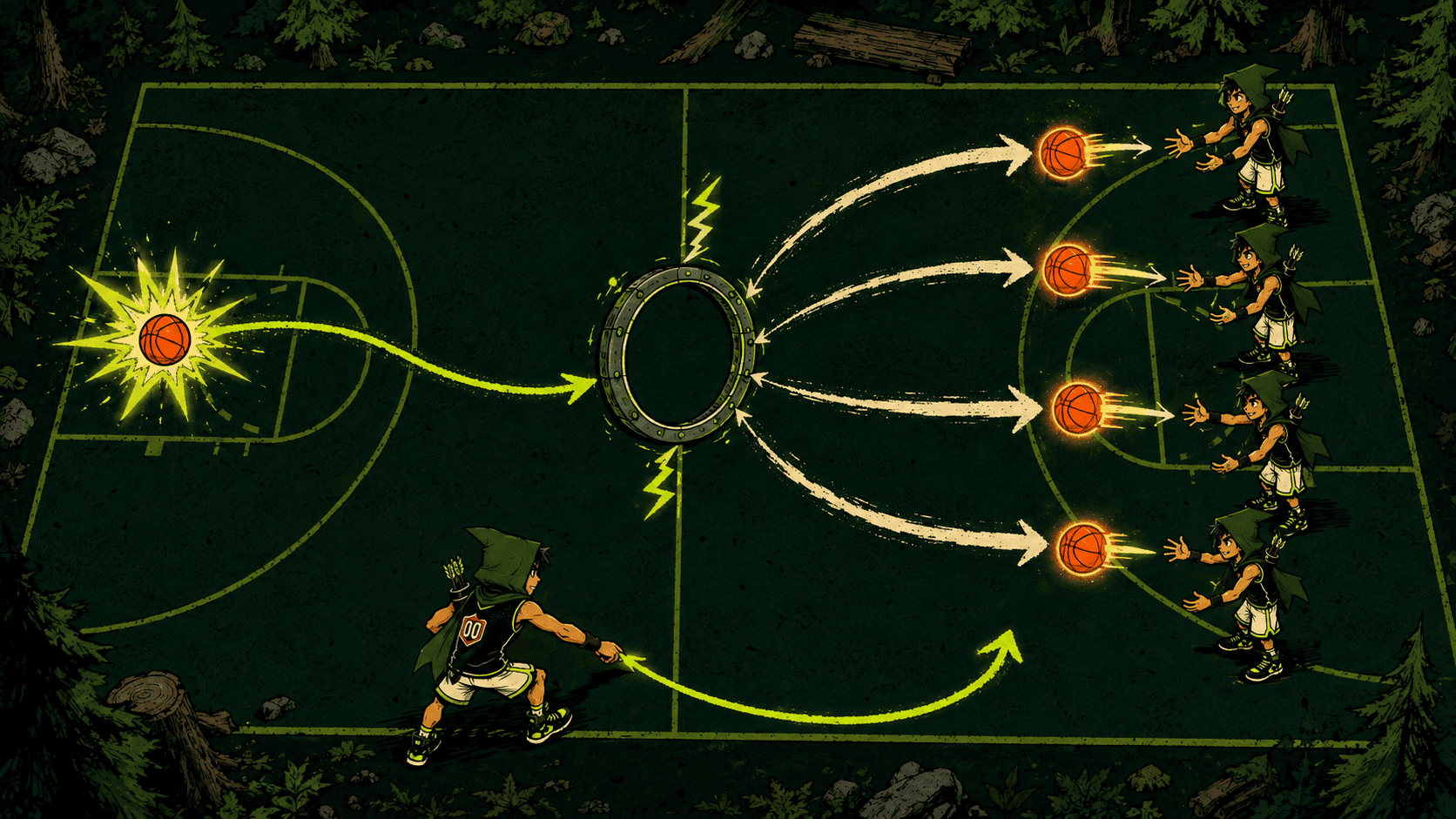Basketball strategy board showing a trade passing through a central relay toward holders